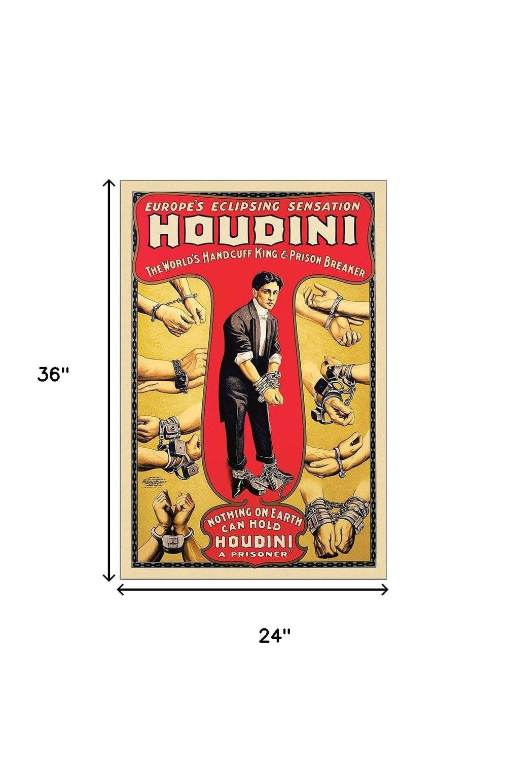 24" X 36" Houdini Handcuff King Vintage Magic Poster Wall Art - Homeroots - Flyclothing LLC