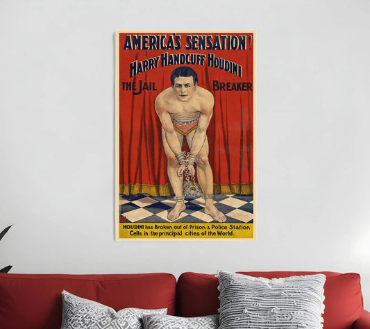 36" X 54" Houdini In Handcuffs Vintage Magic Poster Wall Art - Homeroots