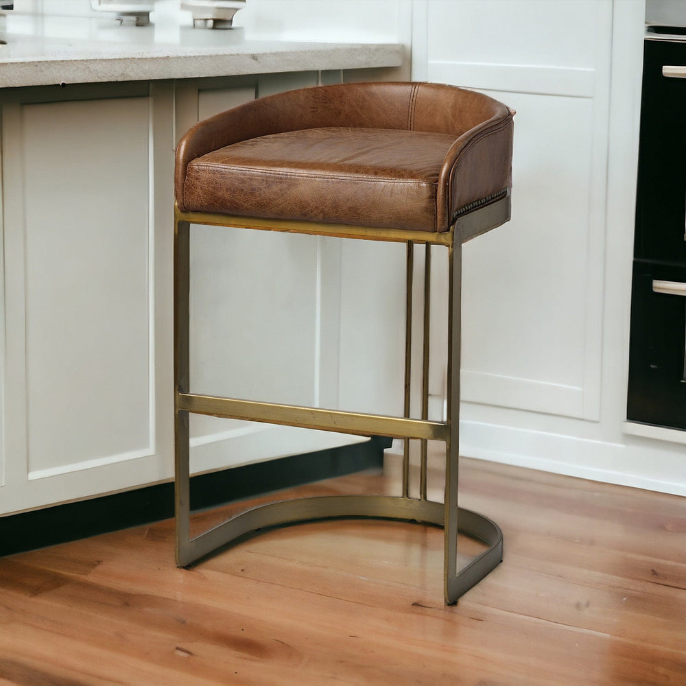 29" Brown Leather And Antiqued Brass Metal Low Back Bar Height Bar Chair - Homeroots - Flyclothing LLC