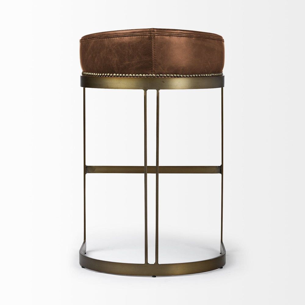 29" Brown Leather And Antiqued Brass Metal Low Back Bar Height Bar Chair - Homeroots - Flyclothing LLC