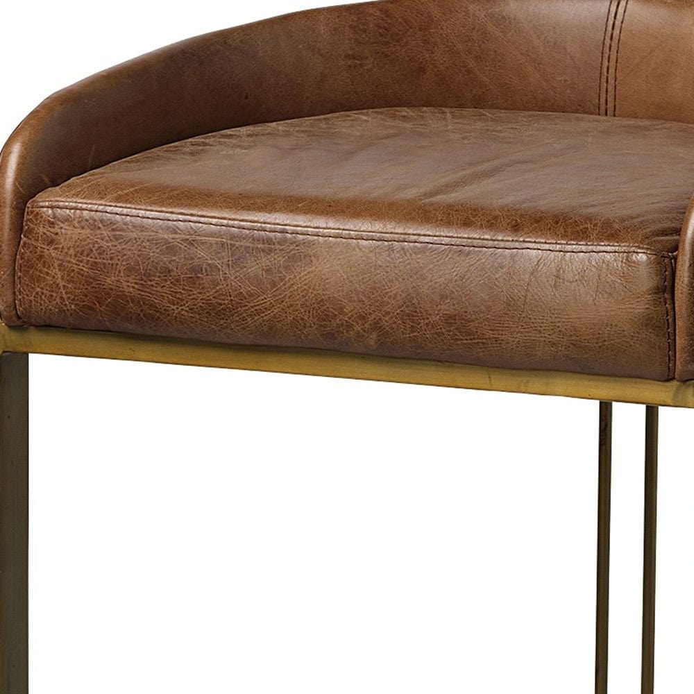 29" Brown Leather And Antiqued Brass Metal Low Back Bar Height Bar Chair - Homeroots - Flyclothing LLC