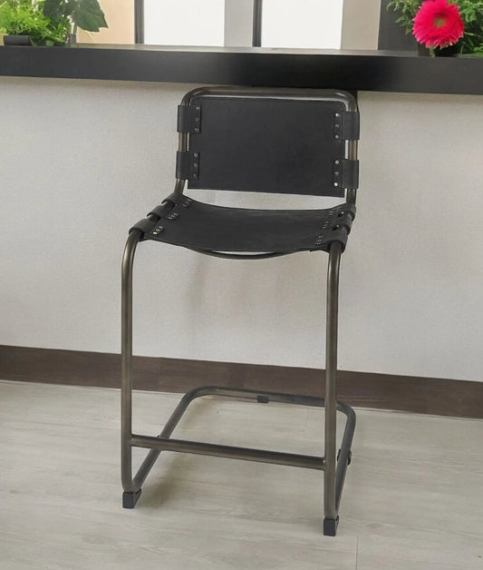 29" Black Leather And Iron Bar Chair - Homeroots