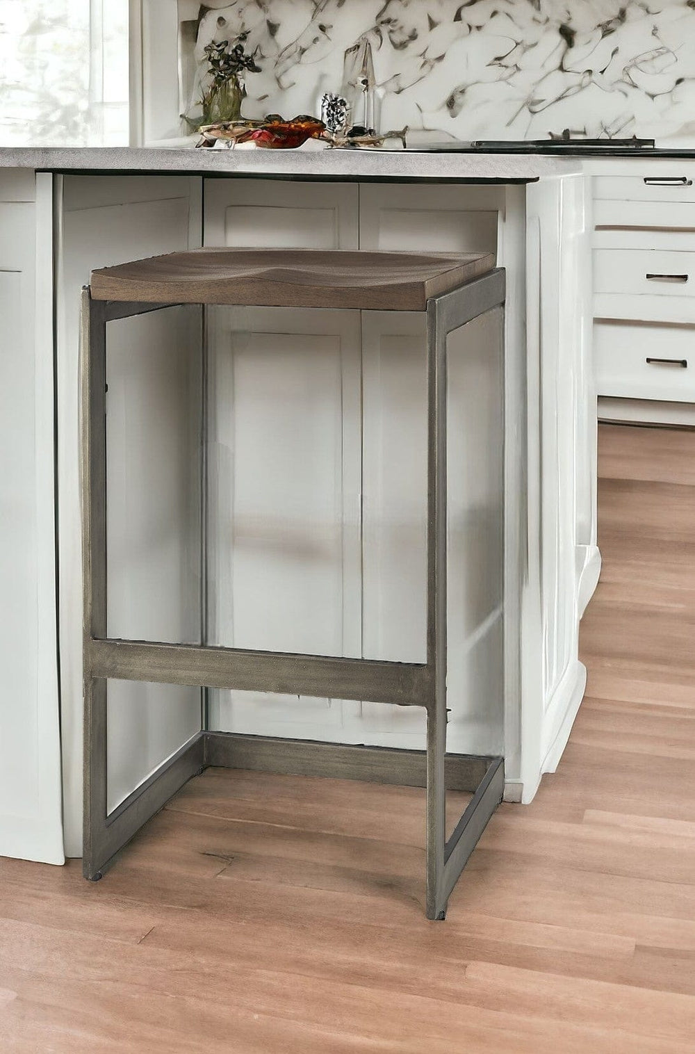 30" Wood Brown And Gray Solid Wood And Metal Backless Bar Height Bar Chair - Homeroots