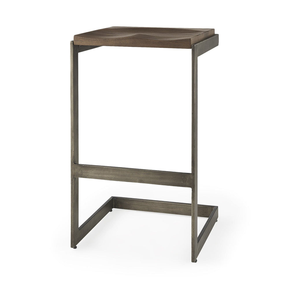 30" Wood Brown And Gray Solid Wood And Metal Backless Bar Height Bar Chair - Homeroots