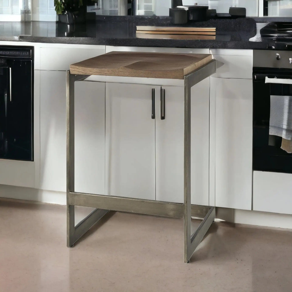 26" Wood Brown And Brown Solid Wood And Metal Backless Counter Height Bar Chair - Homeroots