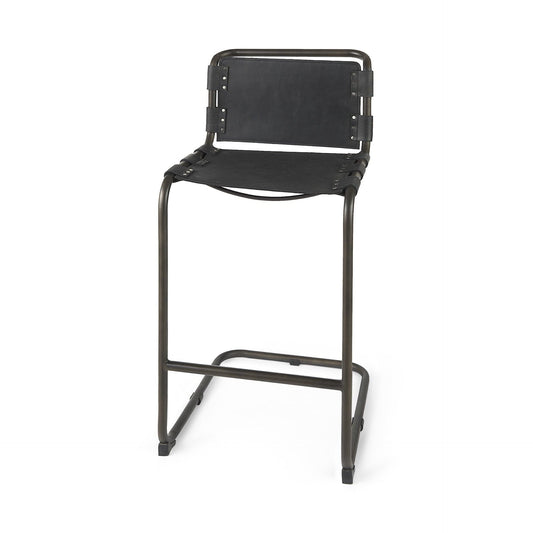 30" Black And Gunmetal Gray Leather And Iron Bar Height Bar Chair - Homeroots