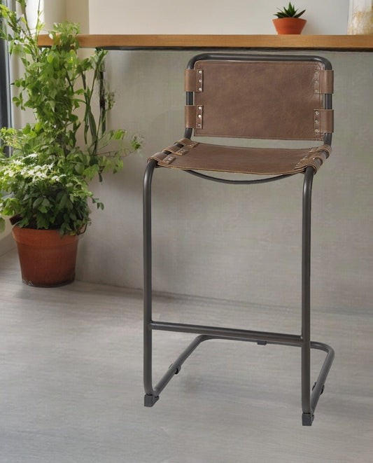 35" Brown Leather And Steel Bar Chair - Homeroots
