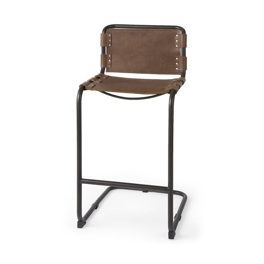 35" Brown Leather And Steel Bar Chair - Homeroots