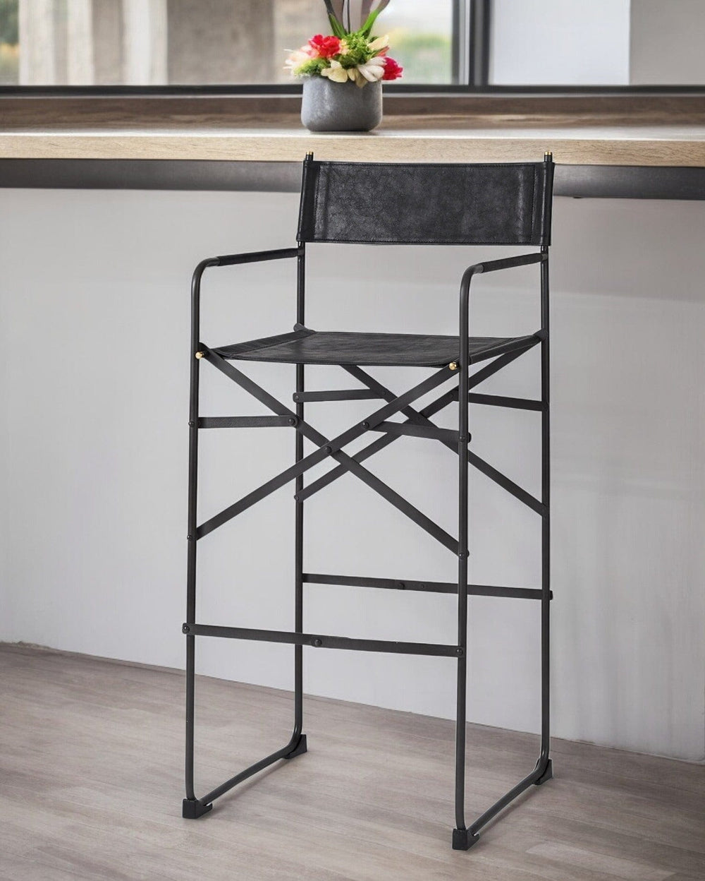 30" Black Leather And Metal Bar Height Bar Chair - Homeroots