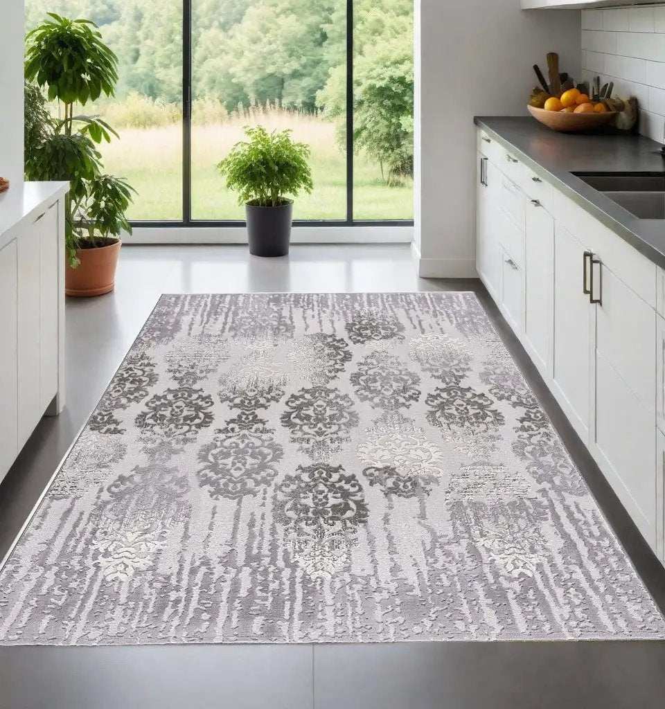8' X 10' Gray Damask Power Loom Area Rug - Homeroots - Flyclothing LLC