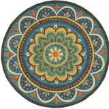 4' Blue and Orange Round Wool Floral Medallion Hand Tufted Area Rug - Homeroots - Flyclothing LLC