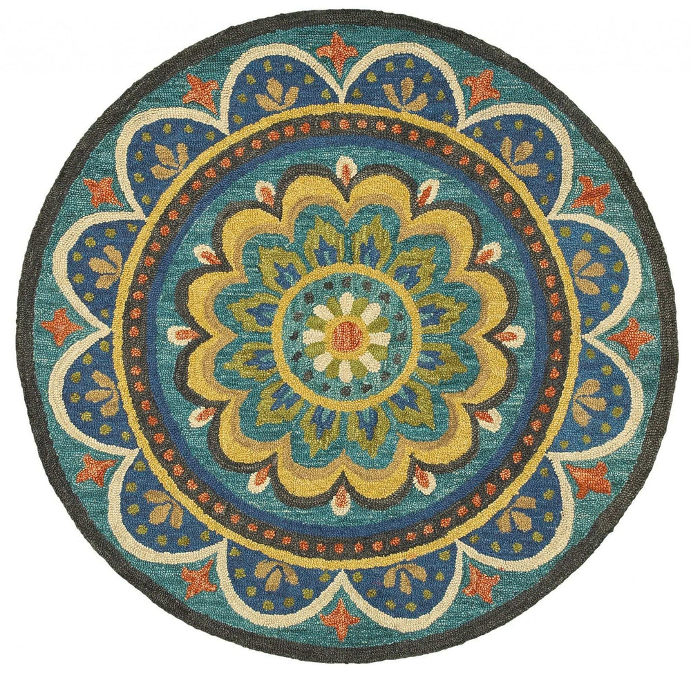 4' Blue and Orange Round Wool Floral Medallion Hand Tufted Area Rug - Homeroots - Flyclothing LLC