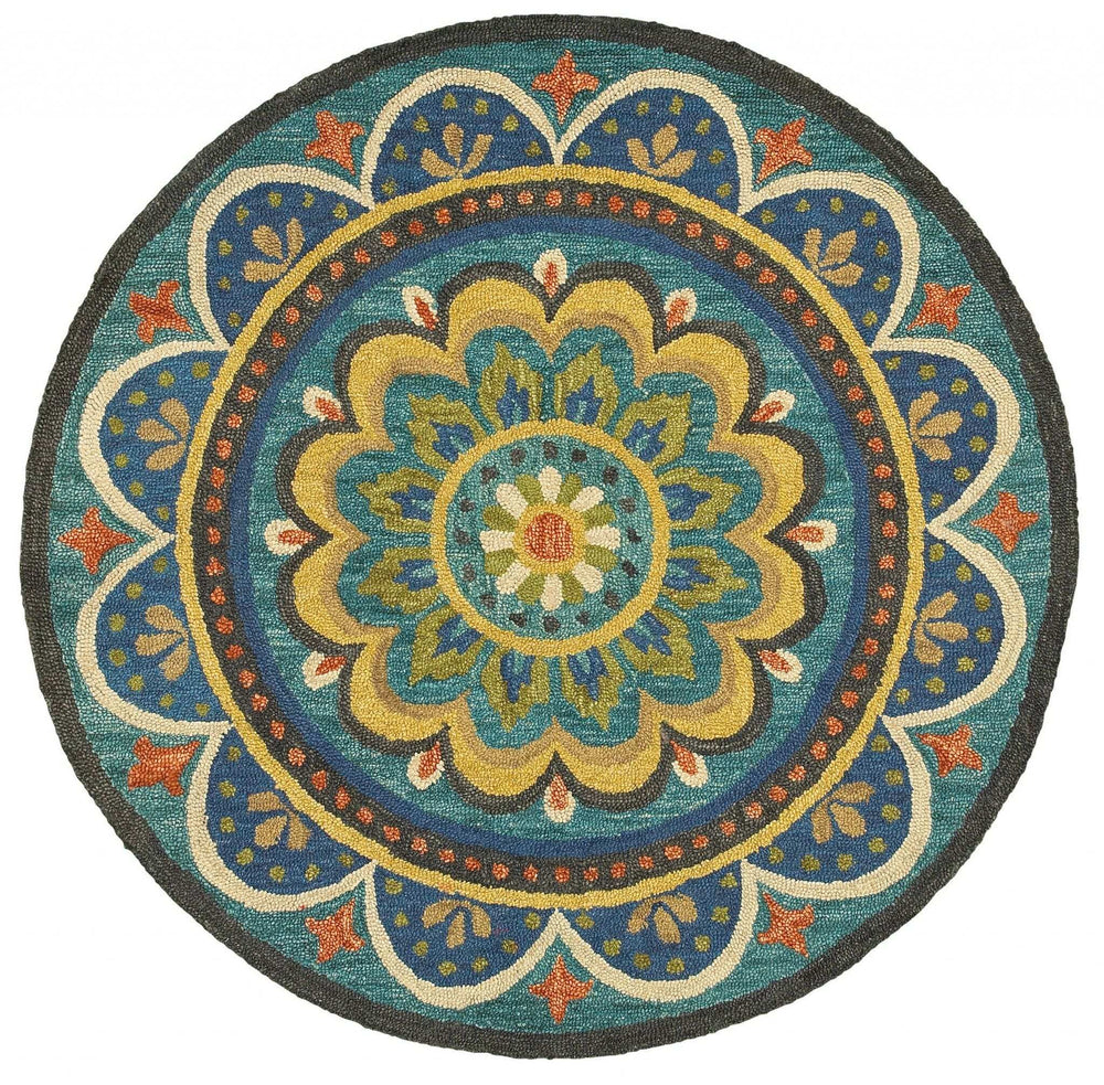 4' Blue and Orange Round Wool Floral Medallion Hand Tufted Area Rug - Homeroots - Flyclothing LLC