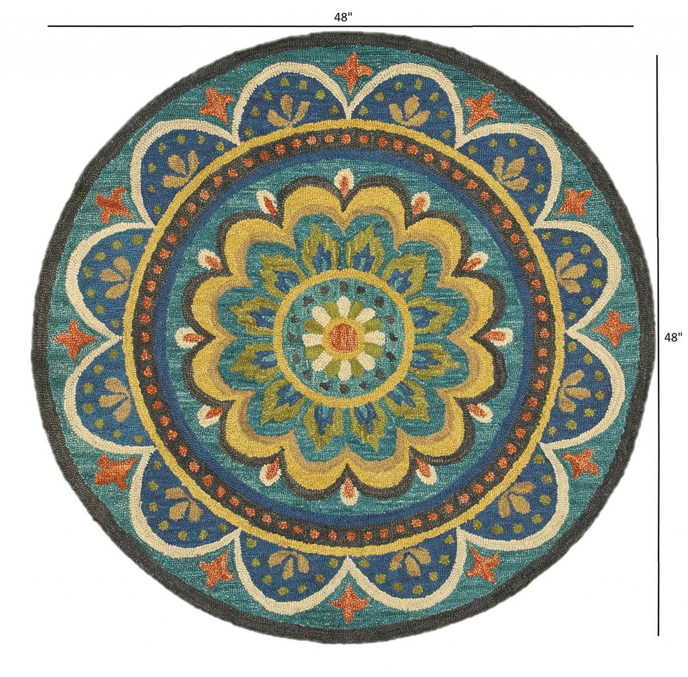 4' Blue and Orange Round Wool Floral Medallion Hand Tufted Area Rug - Homeroots - Flyclothing LLC