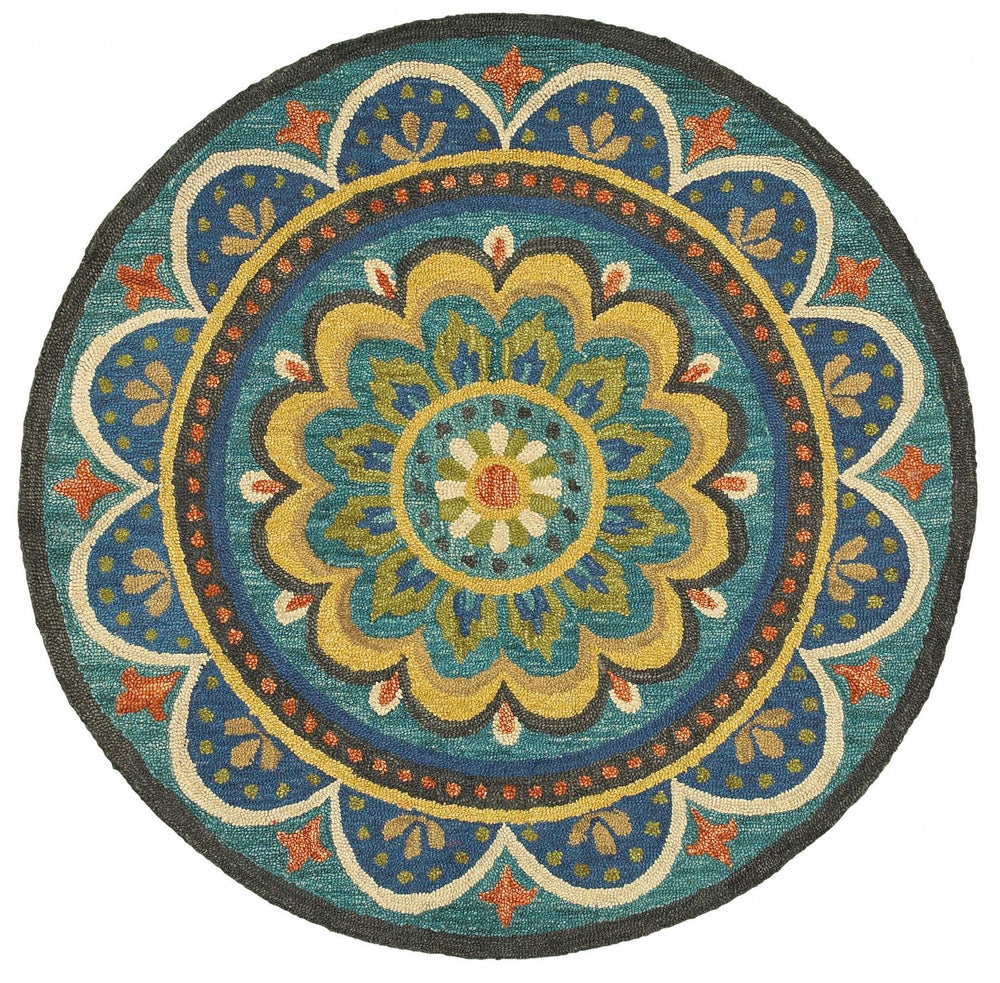 6' Blue Round Wool Geometric Hand Tufted Area Rug - Homeroots - Flyclothing LLC