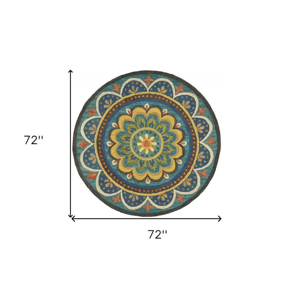 6' Blue Round Wool Geometric Hand Tufted Area Rug - Homeroots - Flyclothing LLC