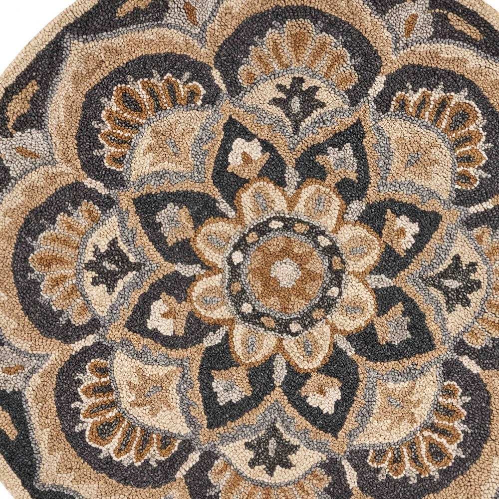 6' Black and Tan Round Wool Floral Medallion Hand Tufted Area Rug - Homeroots - Flyclothing LLC