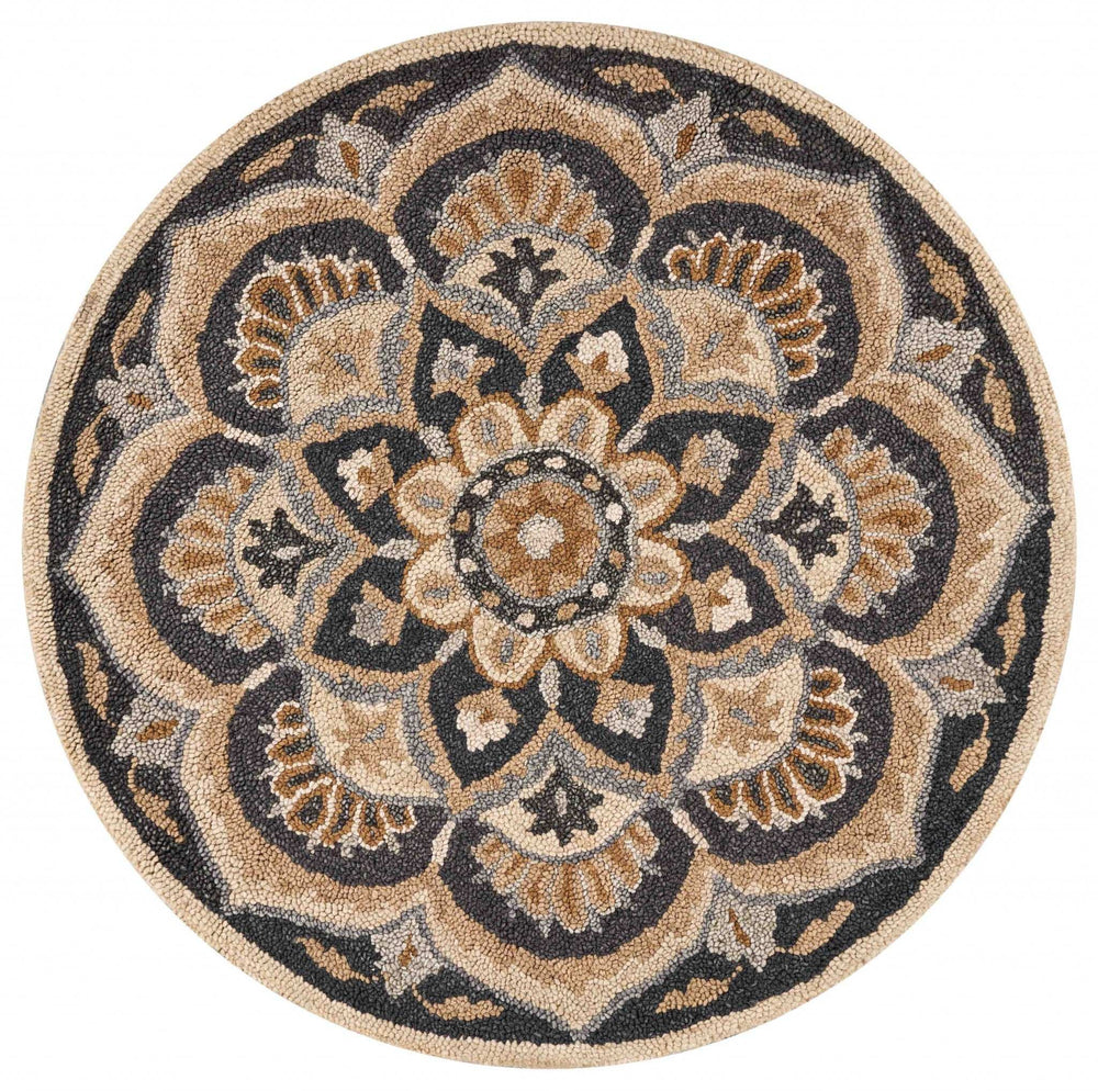 6' Black and Tan Round Wool Floral Medallion Hand Tufted Area Rug - Homeroots - Flyclothing LLC