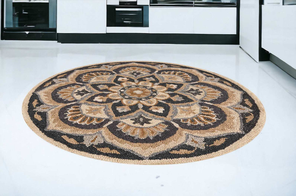 6' Black and Tan Round Wool Floral Medallion Hand Tufted Area Rug - Homeroots - Flyclothing LLC