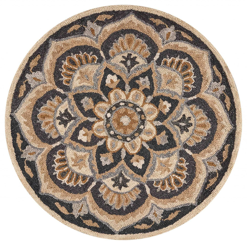 6' Black and Tan Round Wool Floral Medallion Hand Tufted Area Rug - Homeroots - Flyclothing LLC