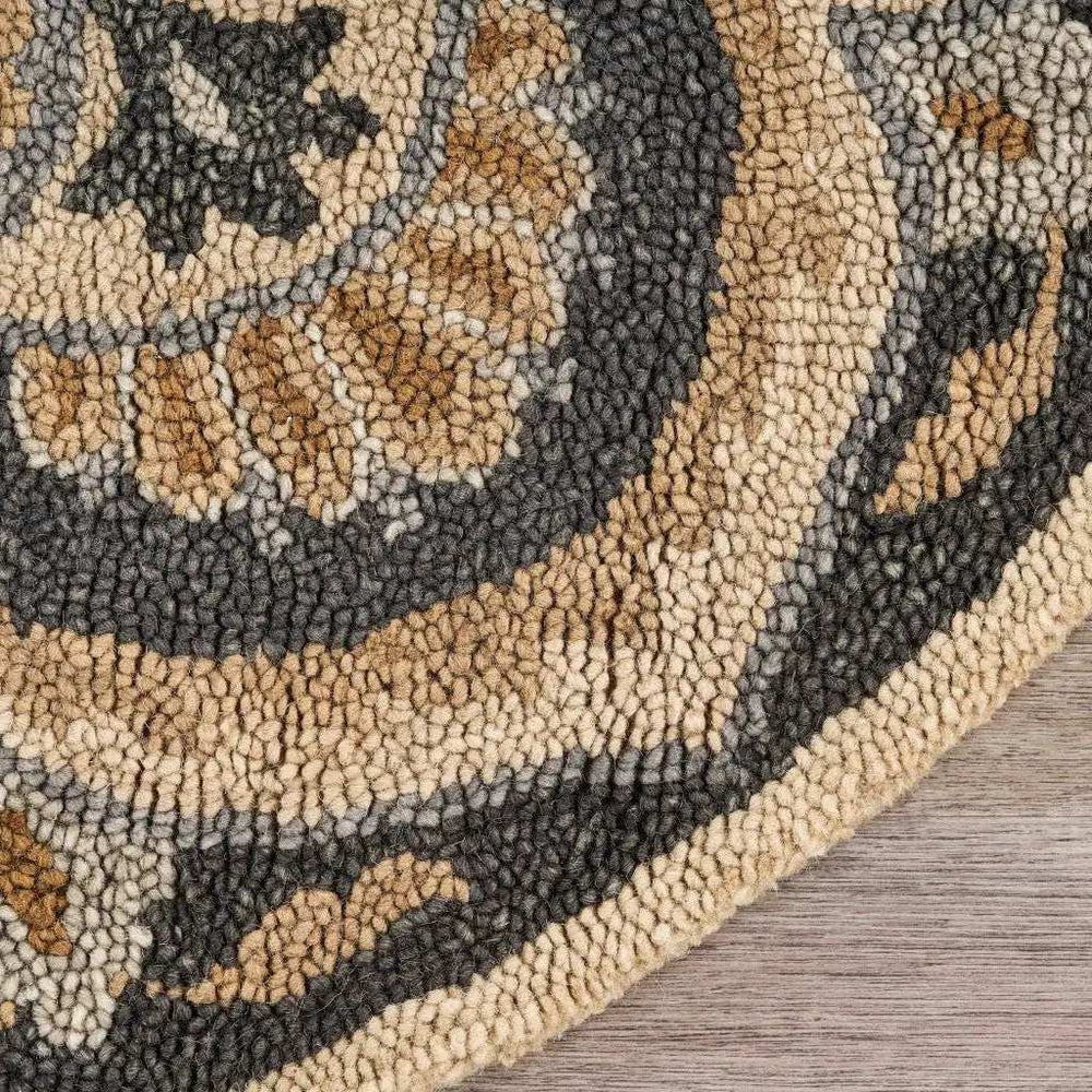 6' Black and Tan Round Wool Floral Medallion Hand Tufted Area Rug - Homeroots - Flyclothing LLC