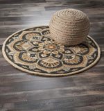 6' Black and Tan Round Wool Floral Medallion Hand Tufted Area Rug - Homeroots - Flyclothing LLC