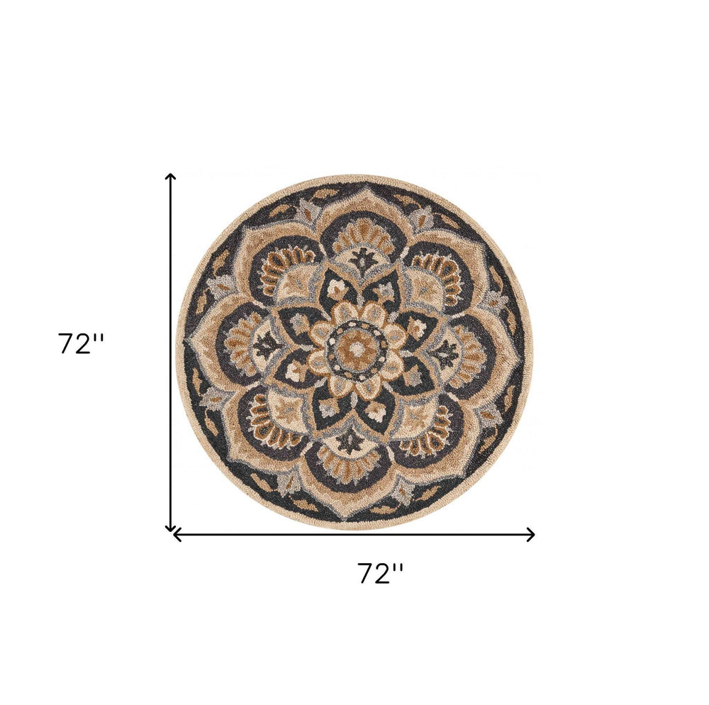 6' Black and Tan Round Wool Floral Medallion Hand Tufted Area Rug - Homeroots - Flyclothing LLC