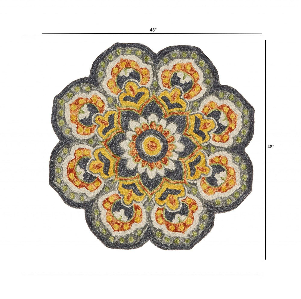 4' Round Gray And Gold Floret Area Rug - Homeroots - Flyclothing LLC
