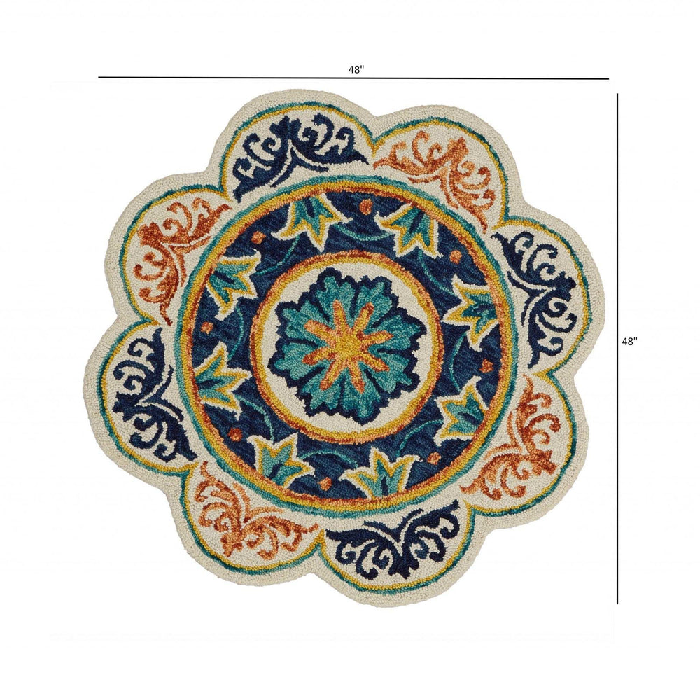4' Round Ivory And Navy Decorative Area Rug - Homeroots - Flyclothing LLC