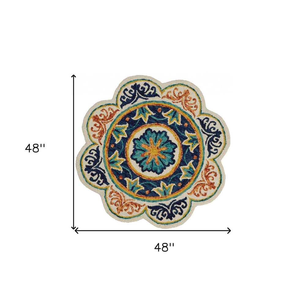 4' Round Ivory And Navy Decorative Area Rug - Homeroots - Flyclothing LLC