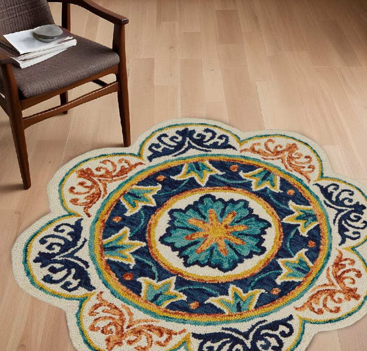 6' Ivory Round Wool Geometric Hand Tufted Area Rug - Homeroots - Flyclothing LLC