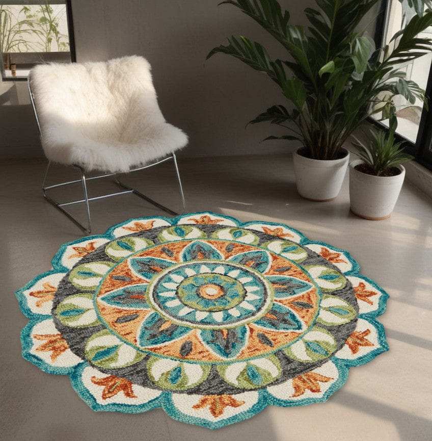 4' Round Blue And Orange Medallion Area Rug - Homeroots - Flyclothing LLC