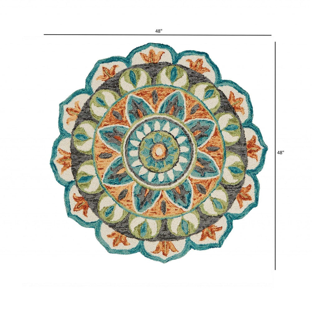 4' Round Blue And Orange Medallion Area Rug - Homeroots - Flyclothing LLC