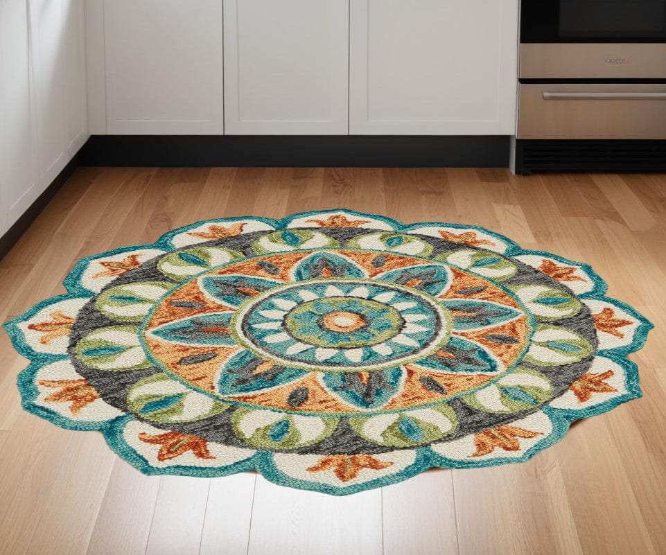 6' Blue And Green Round Wool Geometric Hand Tufted Area Rug - Homeroots - Flyclothing LLC