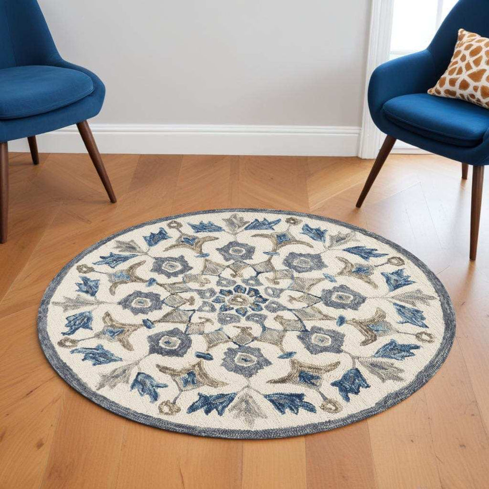 6' Round Blue Floral Oasis Area Rug - Homeroots - Flyclothing LLC