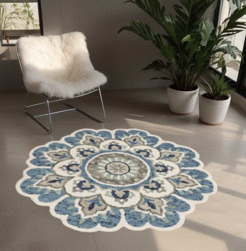 4' Blue and Cream Round Wool Floral Medallion Hand Tufted Area Rug - Homeroots - Flyclothing LLC