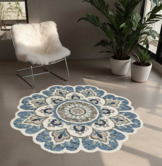 4' Blue and Cream Round Wool Floral Medallion Hand Tufted Area Rug - Homeroots - Flyclothing LLC