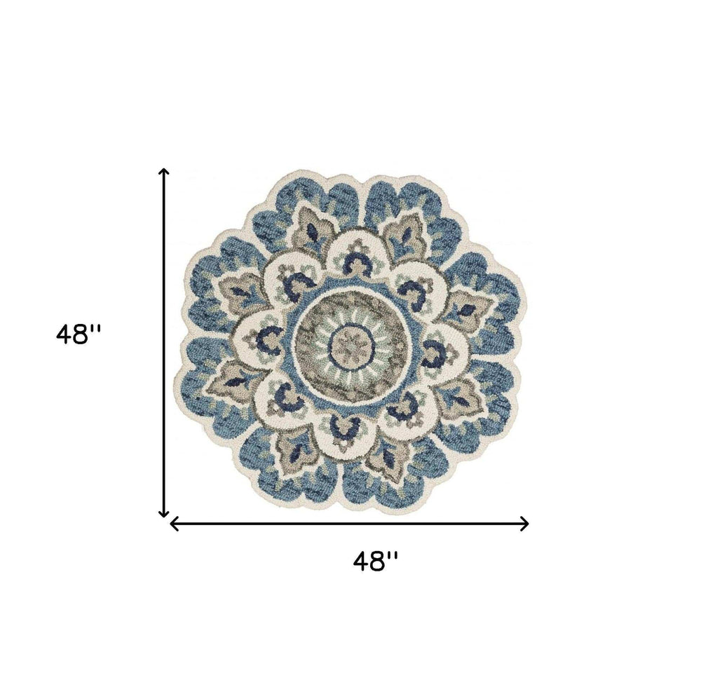4' Blue and Cream Round Wool Floral Medallion Hand Tufted Area Rug - Homeroots - Flyclothing LLC