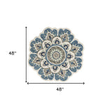 4' Blue and Cream Round Wool Floral Medallion Hand Tufted Area Rug - Homeroots - Flyclothing LLC