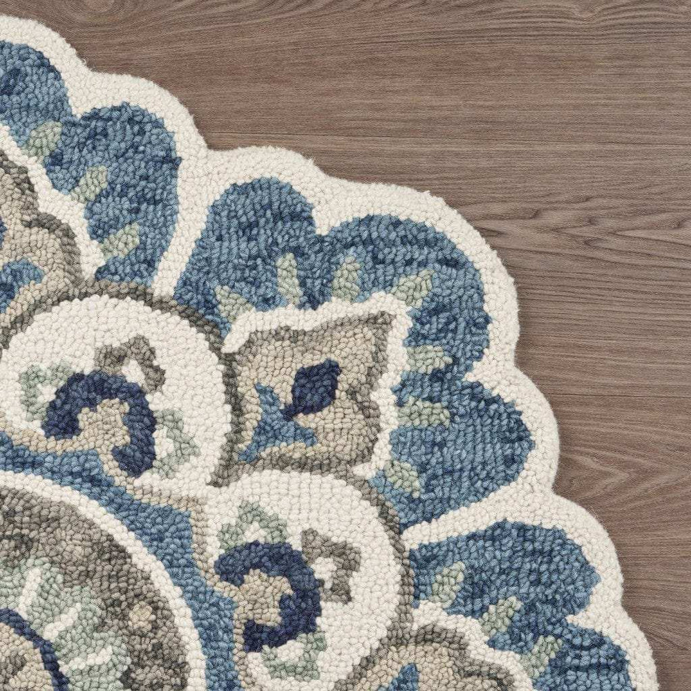 4' Blue and Cream Round Wool Floral Medallion Hand Tufted Area Rug - Homeroots - Flyclothing LLC