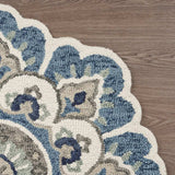 4' Blue and Cream Round Wool Floral Medallion Hand Tufted Area Rug - Homeroots - Flyclothing LLC