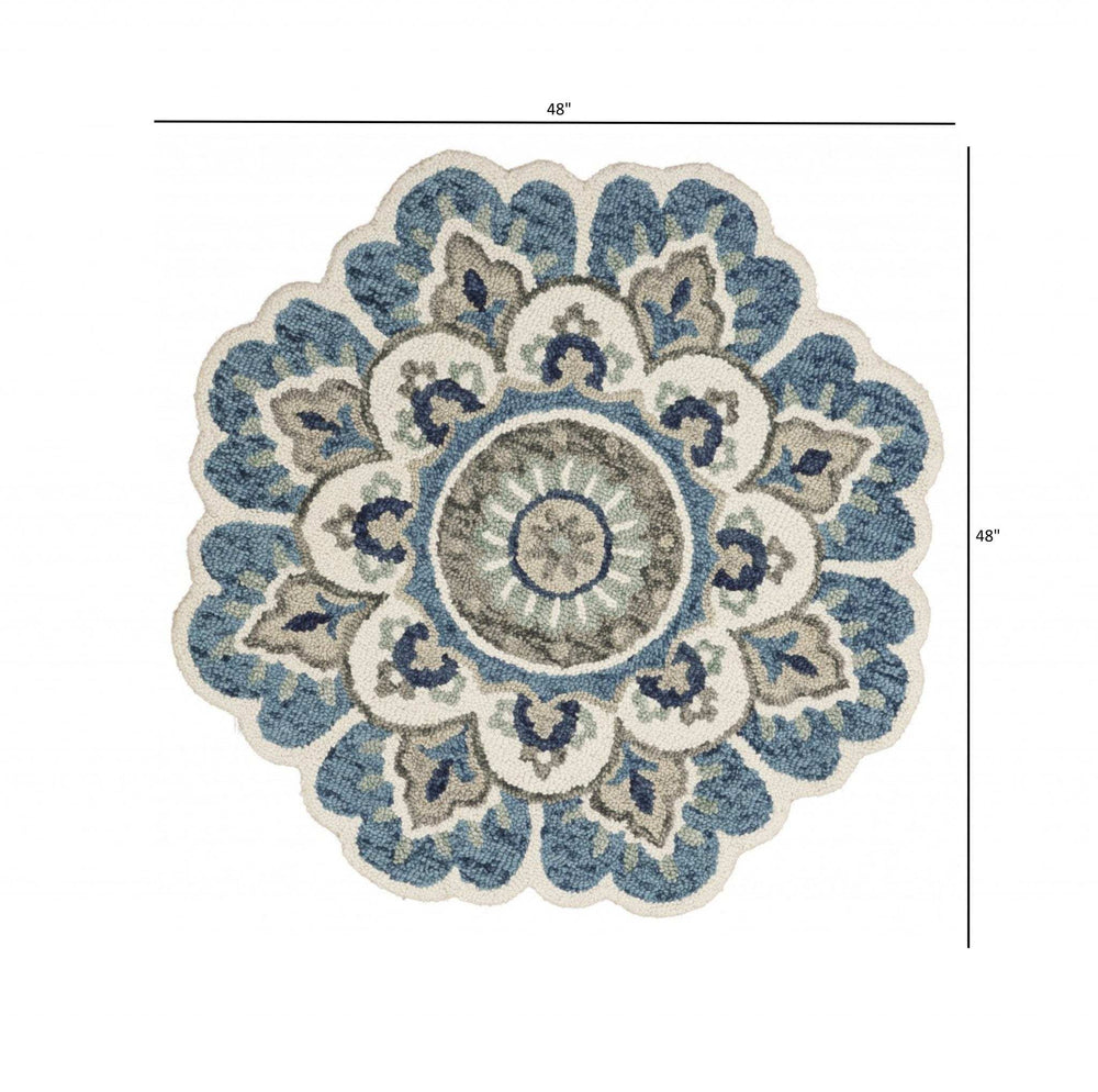 4' Blue and Cream Round Wool Floral Medallion Hand Tufted Area Rug - Homeroots - Flyclothing LLC