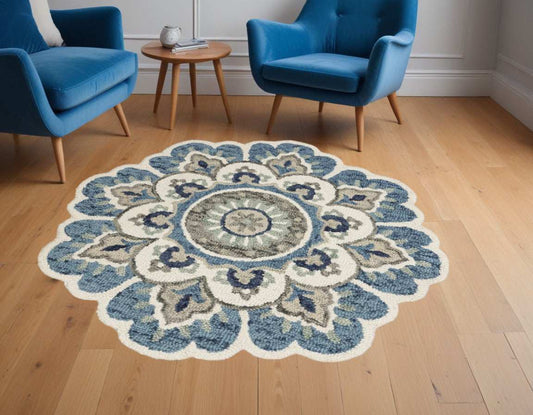 6' Ivory Teal Blue and Green Wool Hand Tufted Round Rug - Homeroots - Flyclothing LLC