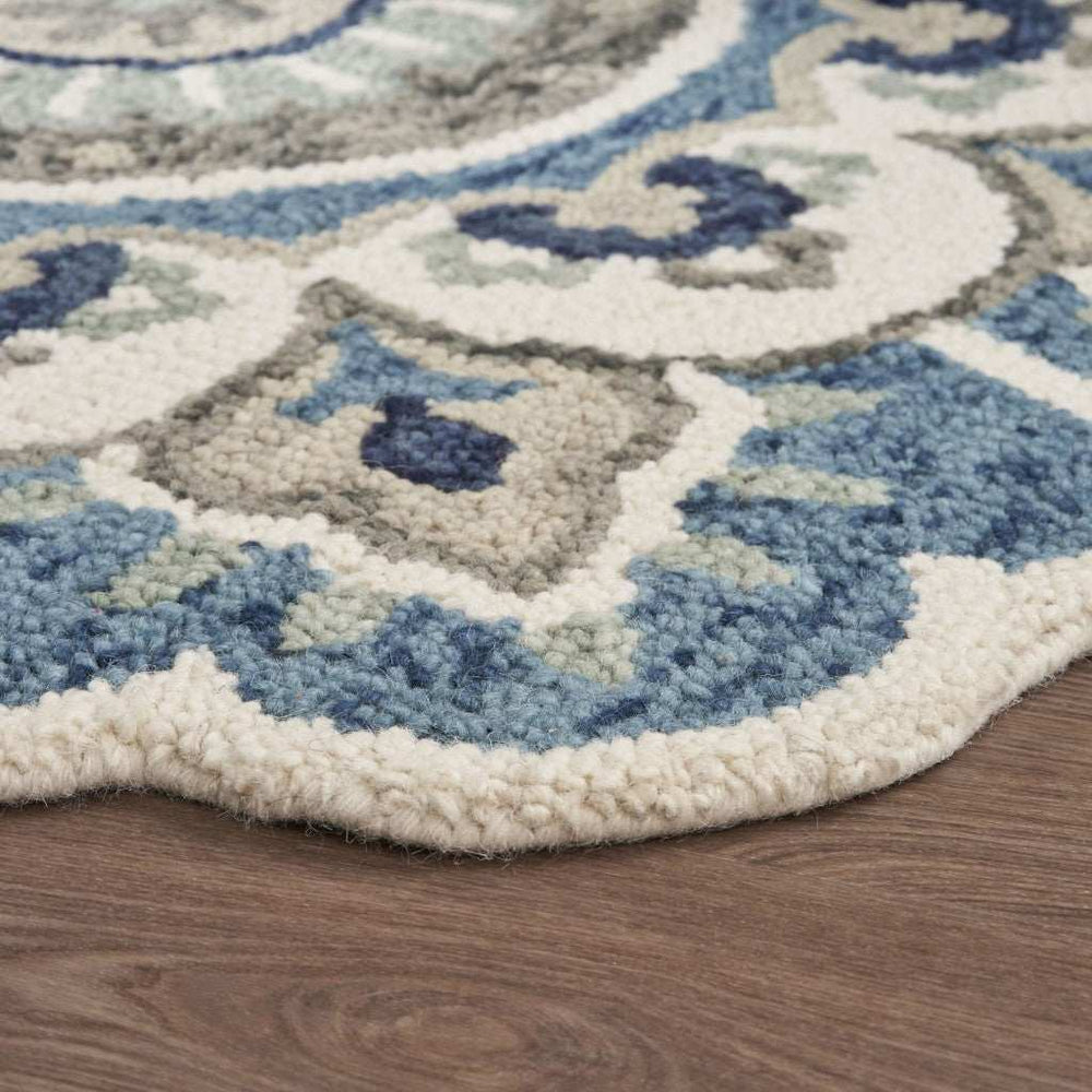 6' Ivory Teal Blue and Green Wool Hand Tufted Round Rug - Homeroots - Flyclothing LLC