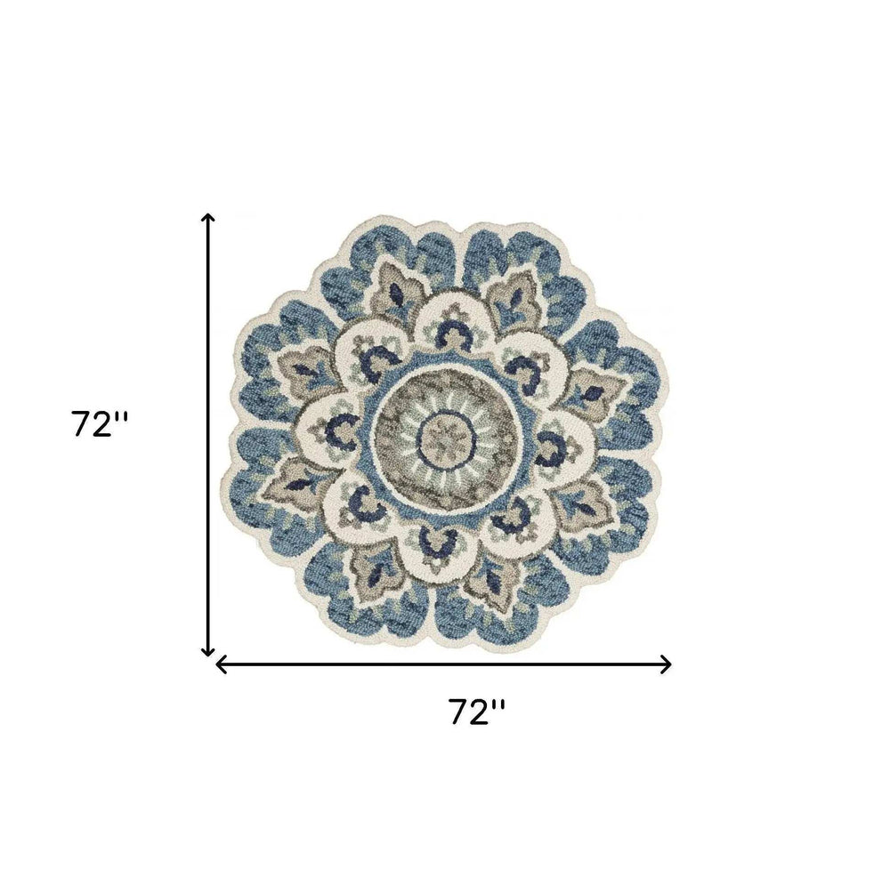 6' Ivory Teal Blue and Green Wool Hand Tufted Round Rug - Homeroots - Flyclothing LLC