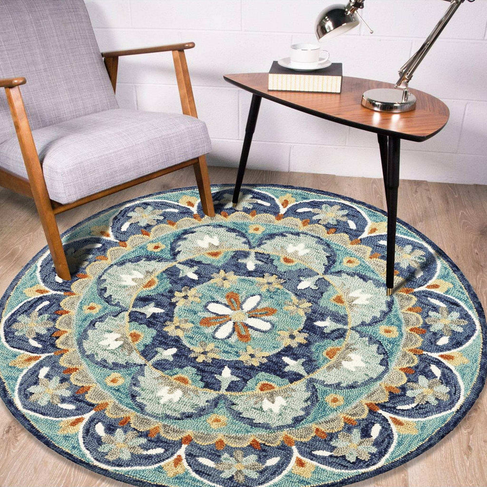 4' Round Blue Floral Mandala Area Rug - Homeroots - Flyclothing LLC