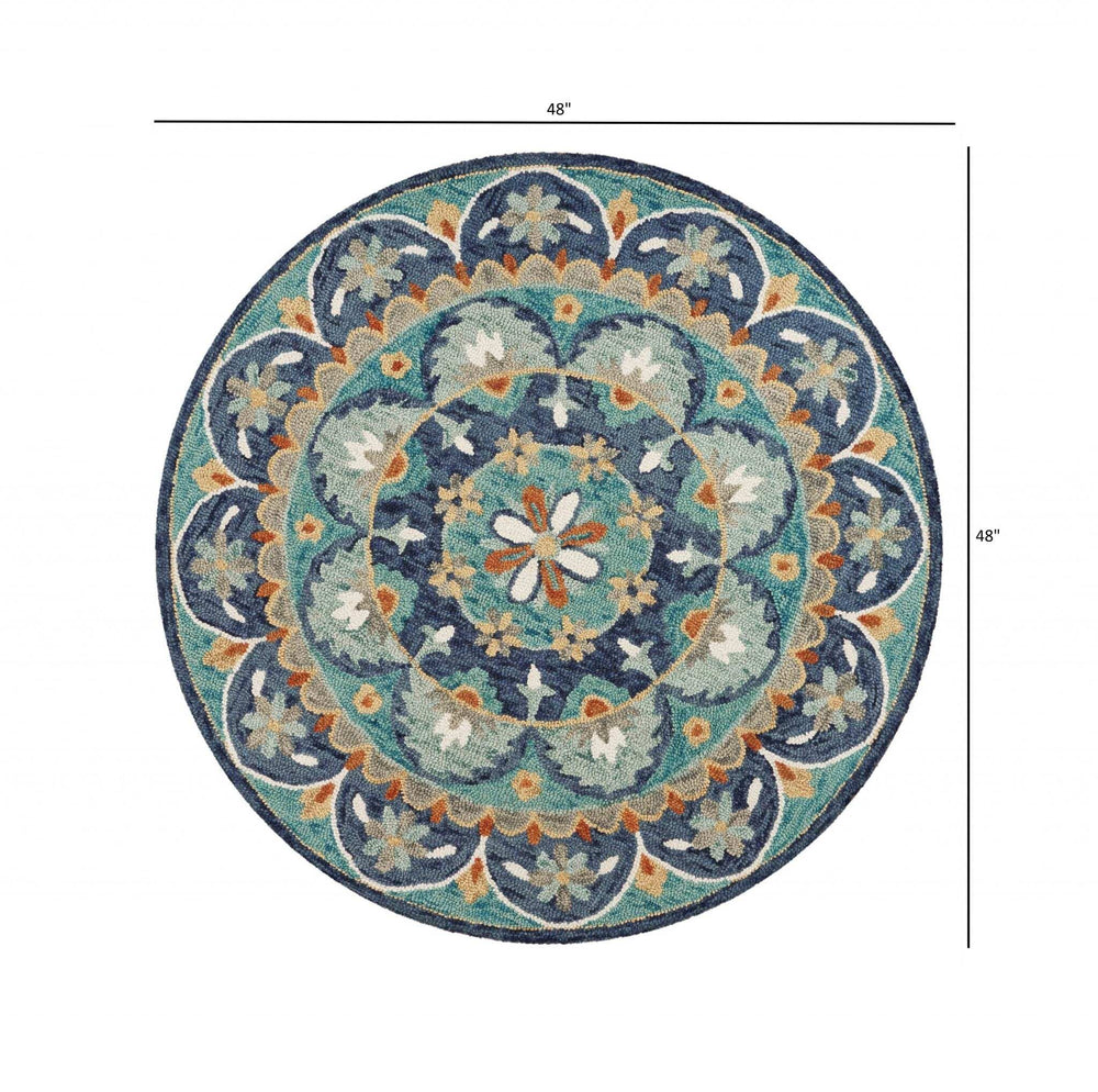 4' Round Blue Floral Mandala Area Rug - Homeroots - Flyclothing LLC