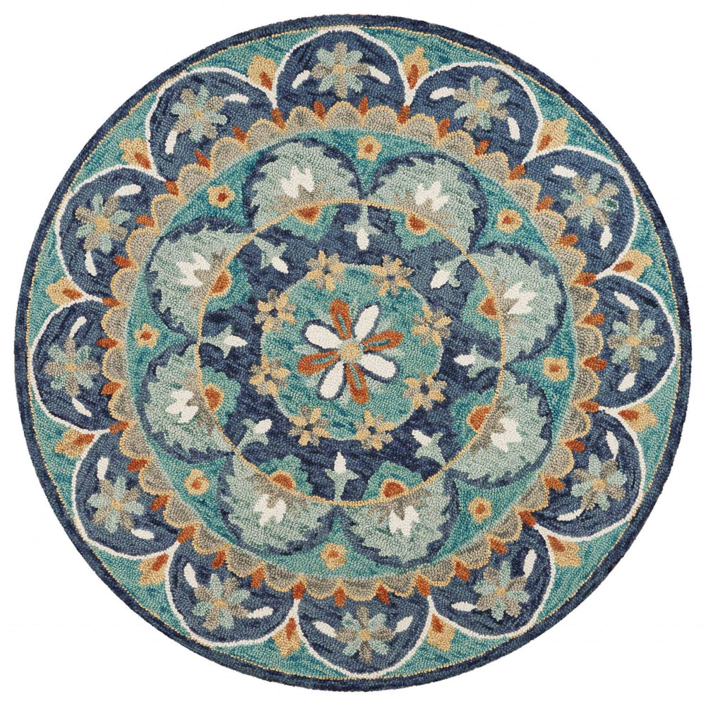 6' Blue And Green Round Wool Floral Hand Tufted Area Rug - Homeroots - Flyclothing LLC