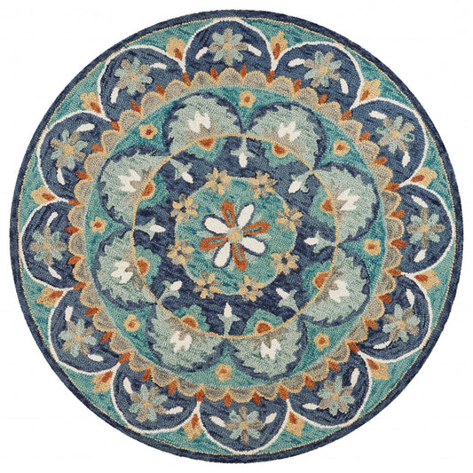 6' Blue And Green Round Wool Floral Hand Tufted Area Rug - Homeroots - Flyclothing LLC
