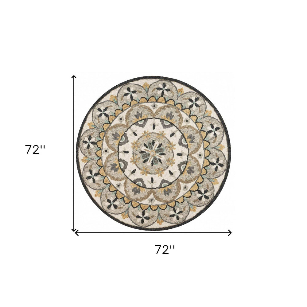 6' Gray and Ivory Round Wool Floral Handmade Area Rug - Homeroots - Flyclothing LLC